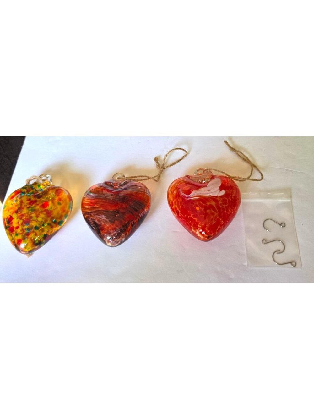 Set of 3 Handblown Glass Heart Ornaments with Hooks Multicolor Red Swirl Orange